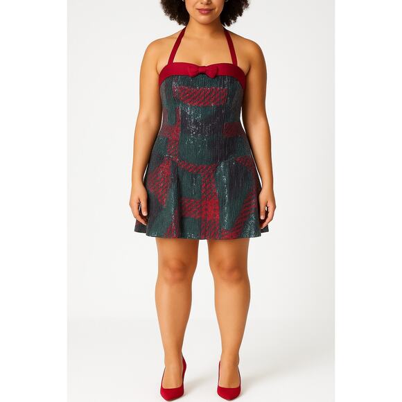 Johnny Wujek for JCPenney Plaid Scarlet Sage Sequin Mini Dress – Size Medium NEW - Picture 1 of 10